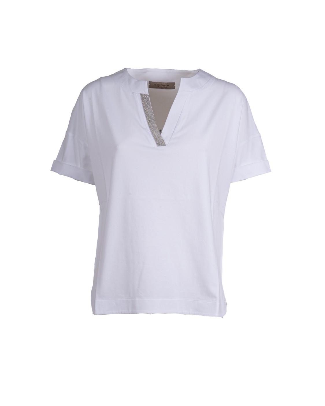 shop D.EXTERIOR  T-shirt: D Exterior t-shirt in cotone elasticizzato.
Mezze maniche,
Scollo a V impreziosito con monile.
Maniche con risvolte.
Composizione: 91% Cotone, 9% Elastan. 
Made in Italy.. 60683-1BIAN number 1311433